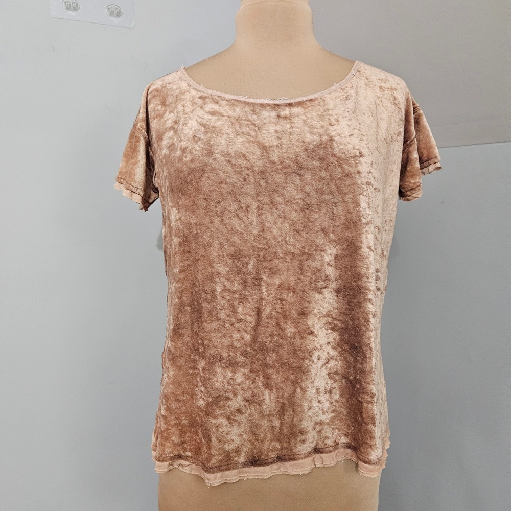 Free People‎ FP Beach Mauve Tan Crushed Velvet Short Sleeve Boxy Tee Shirt M Top - Picture 5 of 11